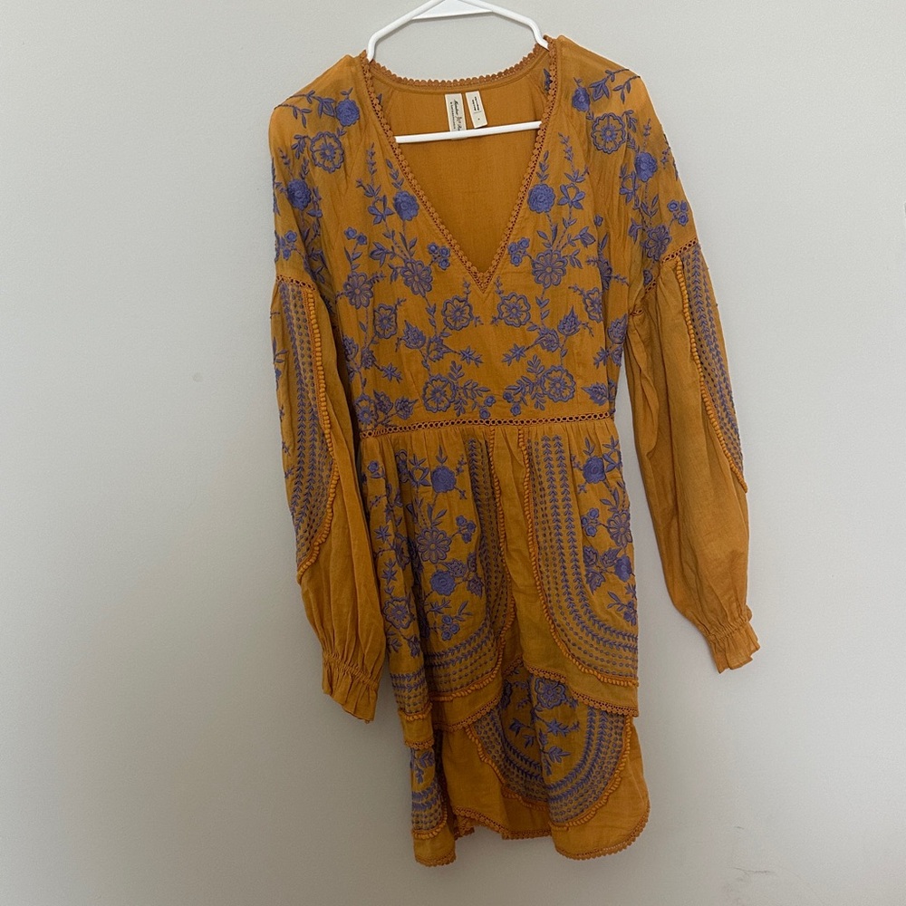 Anthropologie Mustard and Purple Floral Midi Dress